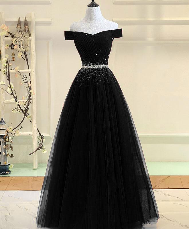 Off Shoulder Evening Dress Tulle Black Long Prom Dress Beaded Formal Dress