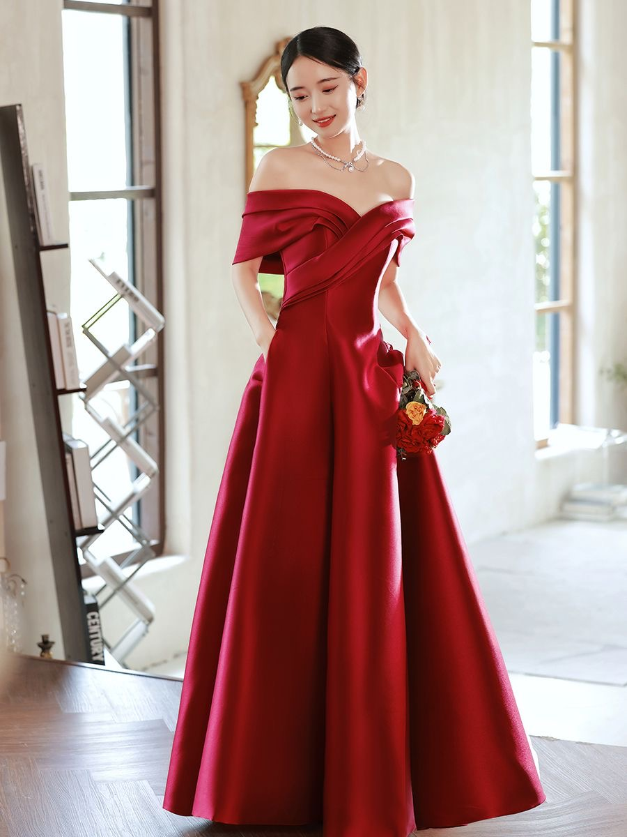 Off Shoulder Evening Dress Satin Red Charming Prom Dress Formal Party Dress With Pocket