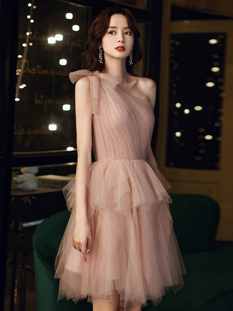 One Shoulder Evening Dres Tulle Pink Cute Homcoming Dress Graduation Party Dress