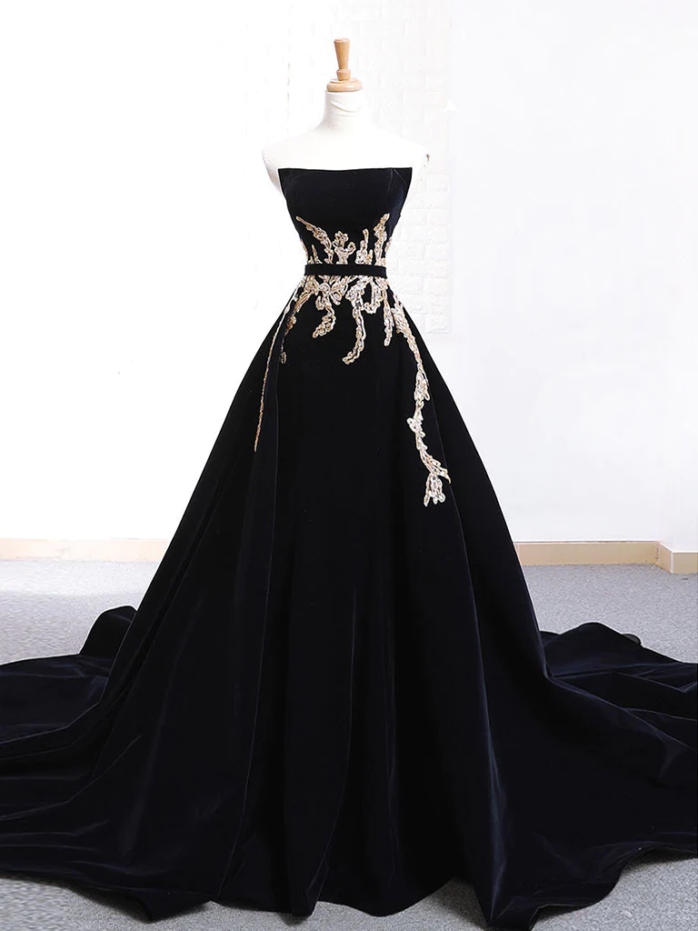 Strapless Evening Dress Velvet Black Luxury Prom Dress Formal Party Dress With Gold Embroidered Lace