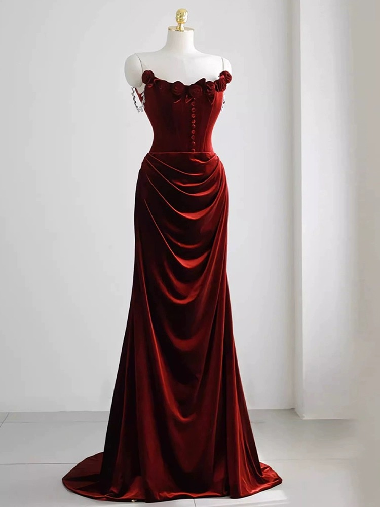 Strapless Evening Dress Velvet Red Charming Prom Dress Chic Party Dress With Floral