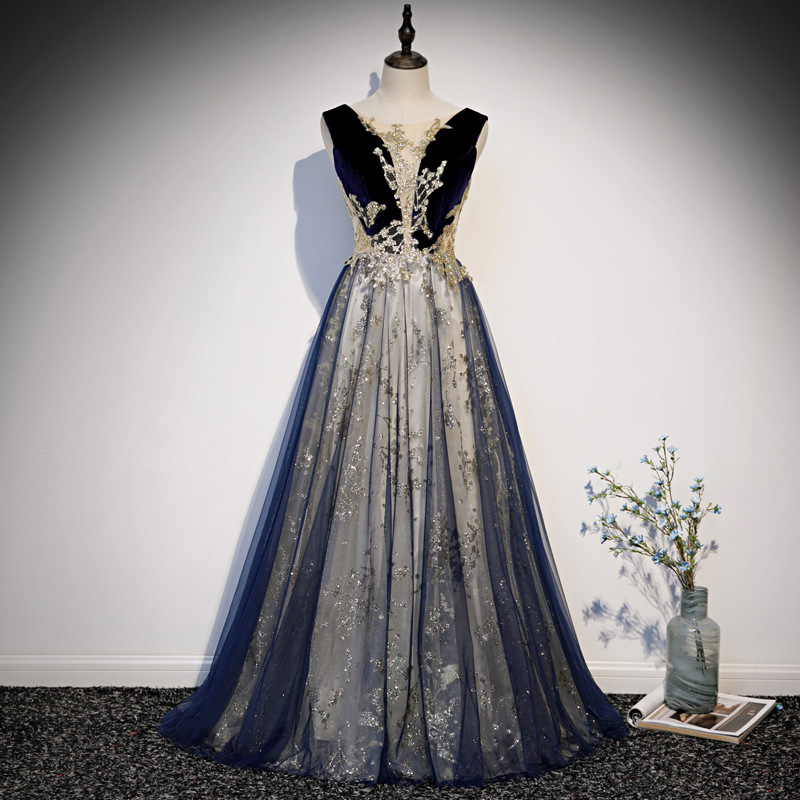 Sleeveless Prom Dress,navy Blue Party Dress, Gitter Evening Dress