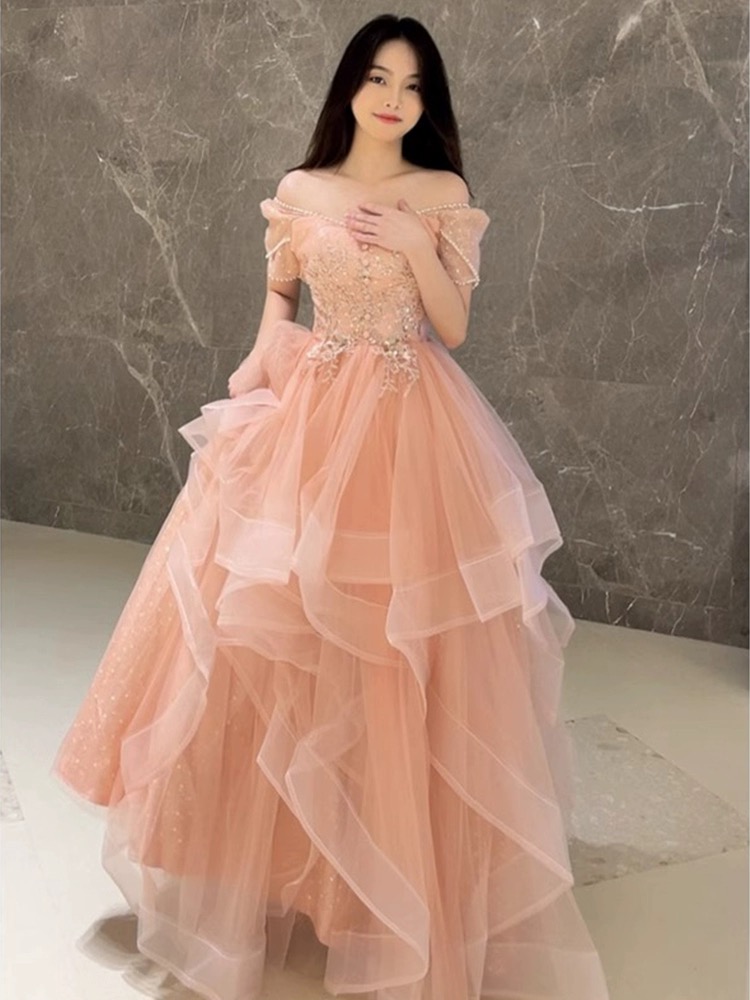 Sweet Off Shoulder Prom Dress Pink Princess Evening Dress, Fairy Party Dress, Girl’s Birthday Dress