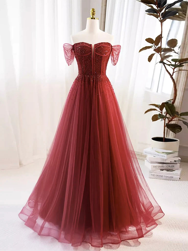 Enchanting Burgundy Tulle Gown With Beaded Corset Sheer Puff Sleeves Prom Dress