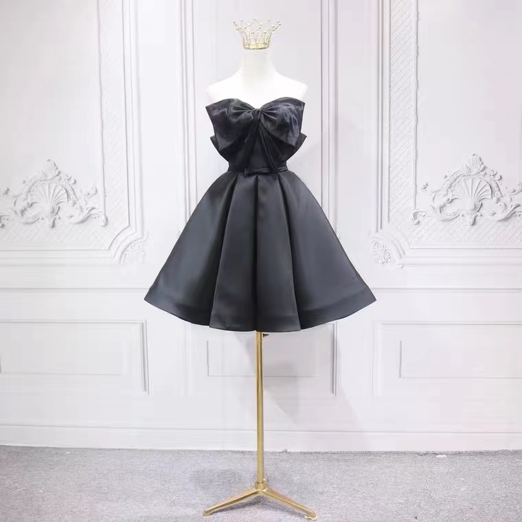 Bow Evening Dress Satin Black Cute Homecoming Dress Little Black Dress
