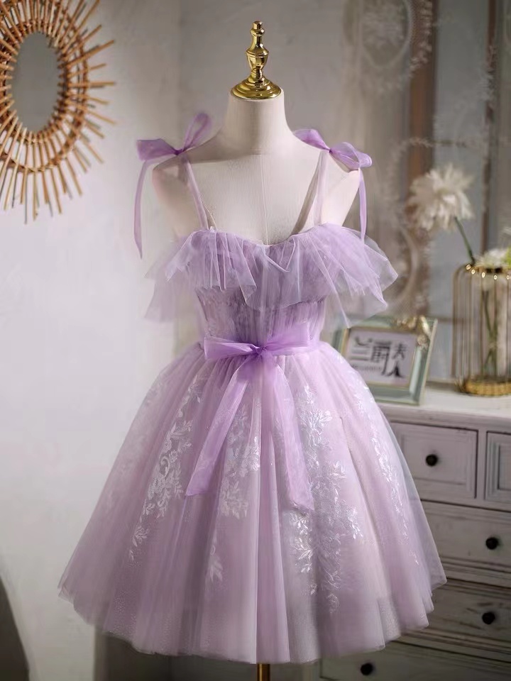 Straps Tulle Chic Party Dress, Beautiful Purple Homecoming Dress With Lace