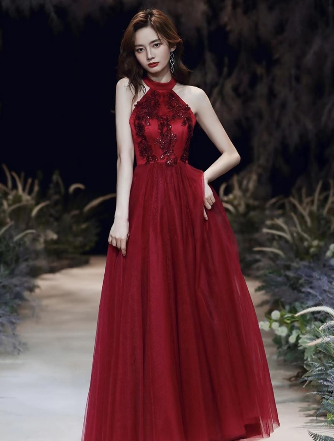 Halter Neck Tulle Party Dress, Sexy Red Prom Dress
