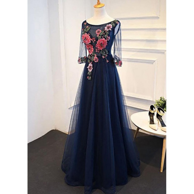 Long Sleeve Tulle Party Dress, Elegant Navy Blue Formal Dress With Applique