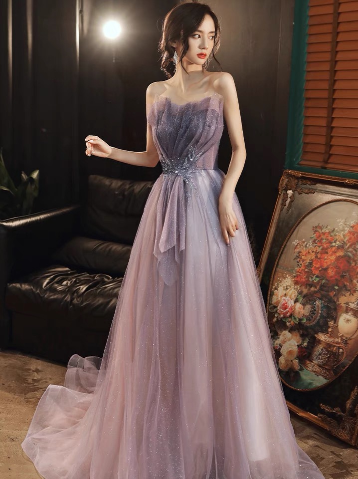 Strapless Tulle Party Dress, Glitter Purple Prom Dress Gradient Evening Dress
