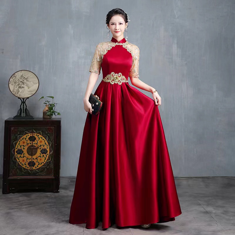 Halter Neck Satin Party Dress, Formal Red Prom Dress With Sequin Embroidered