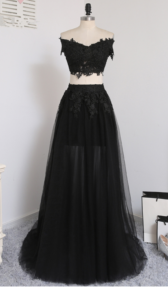Sexy Two Pieces A-line V-neck Cap Sleeves Tulle Lace Slit Long Women Prom Dresses Prom Gown Evening Dresses Evening Gown