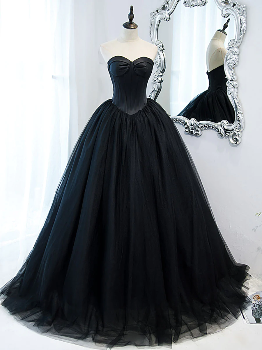 Elegant Black Sweetheart Neck Tulle Long Prom Dress,strapless Black Evening Dresses