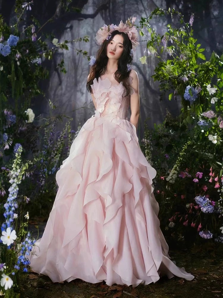 Luxury Sweet Flower Long Prom Dress,pink Party Dress