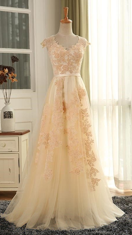 Modern Champagne Cap Sleeves Sweep Train Prom Dress With Appliques