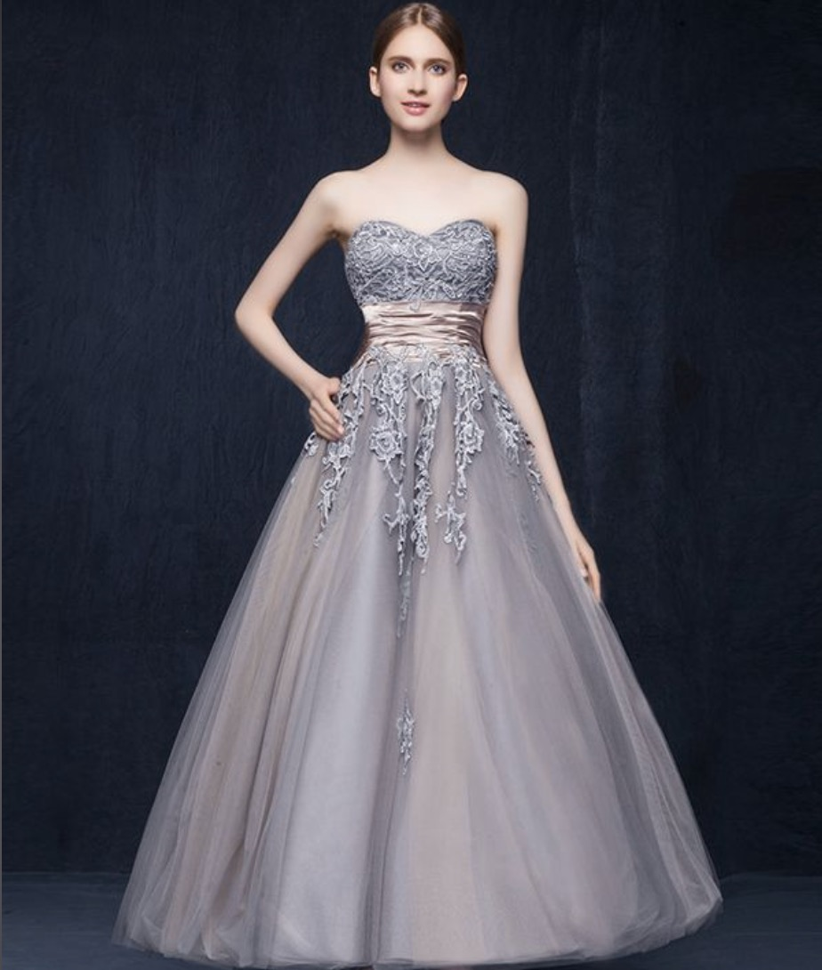 Strapless Gray Party Dress ,lace Prom Dress