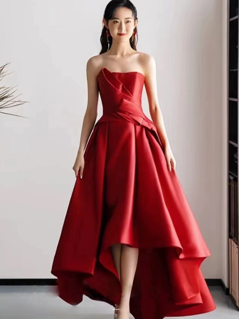 Sweetheart Neck Satin Prom Dress,strapless Red Evening Dress High Low Party Dress