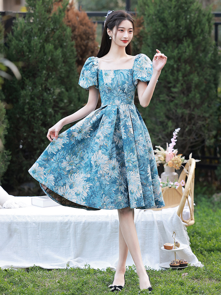 Blue Oil Painting Vintage Dress Sweet 16 Party Dress, Girls Graduation Dress