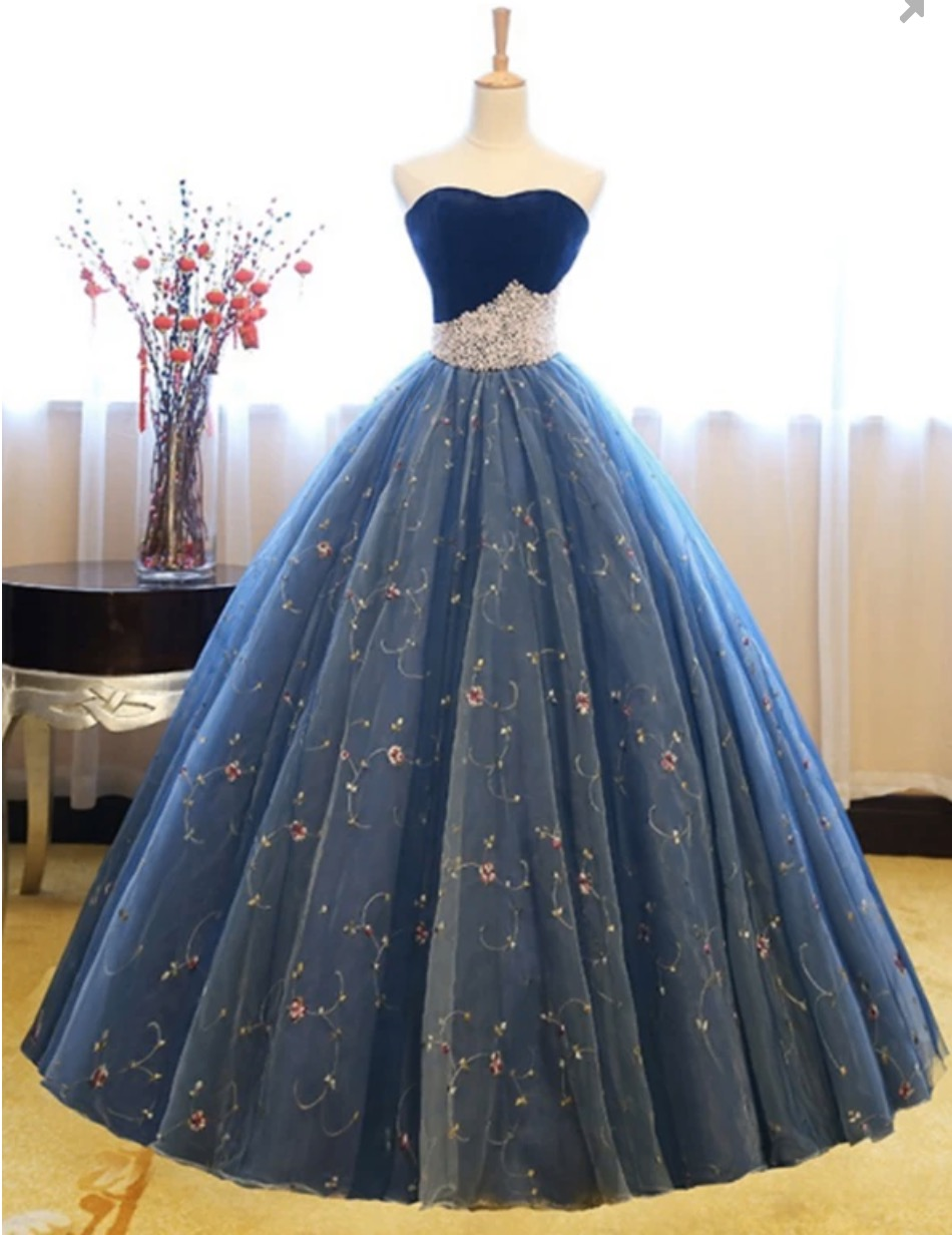 Sweetheart Neck Tulle Prom Dress,strapless Blue Evening Dress Floral Ball Gown Dress