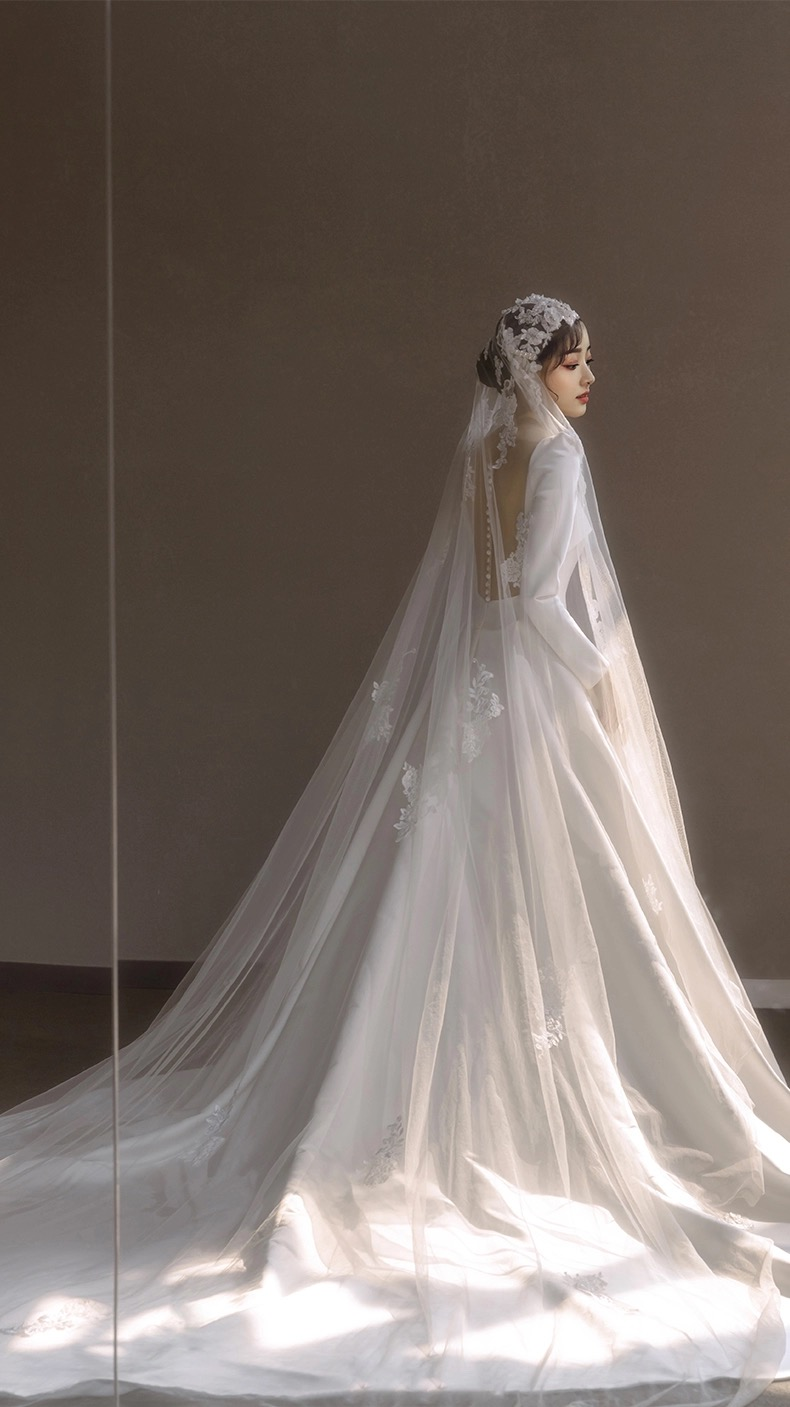 Long Sleeve Bridal Dresses, Pretty White Satin Wedding Dress Illusion Charming Back Wedding Dress
