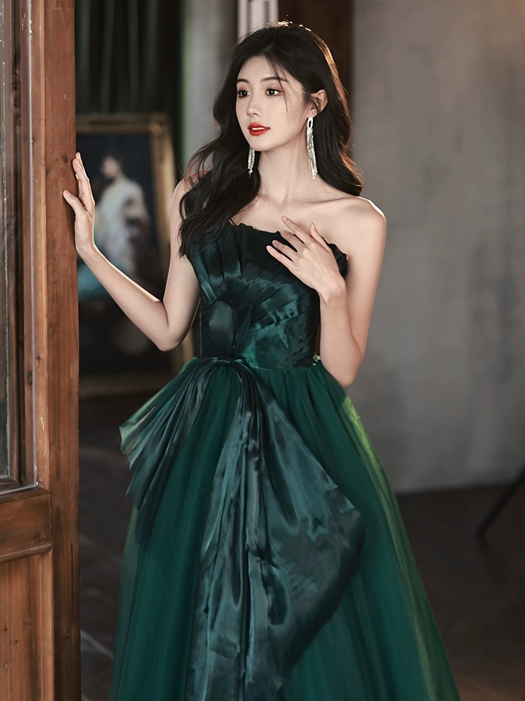 Strapless Evening Dress, Light Luxury Prom Dress, Dark Green Noble ...