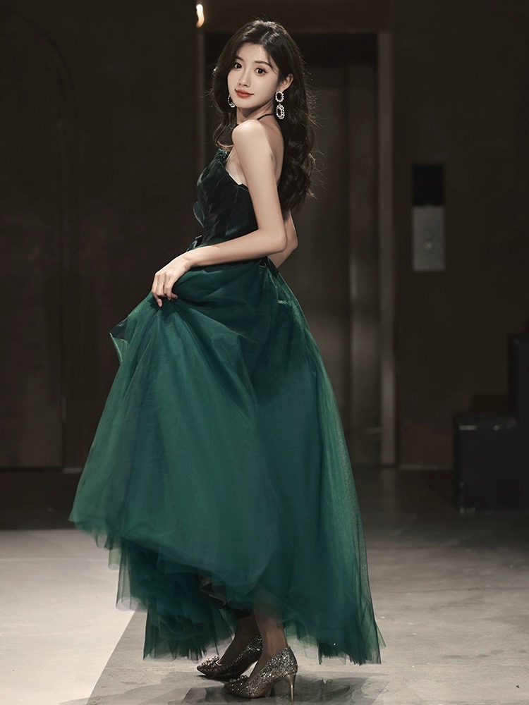 Strapless Evening Dress, Light Luxury Prom Dress, Dark Green Noble ...