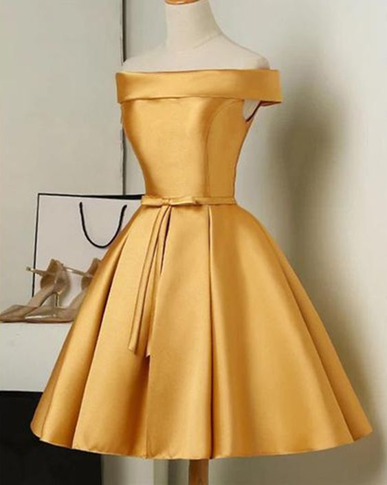 Simple Short Graduation Dress ,yellow Off Shoulder Homecoming Dresses ,satin Formal Party Gown ,cute Birthday Dress