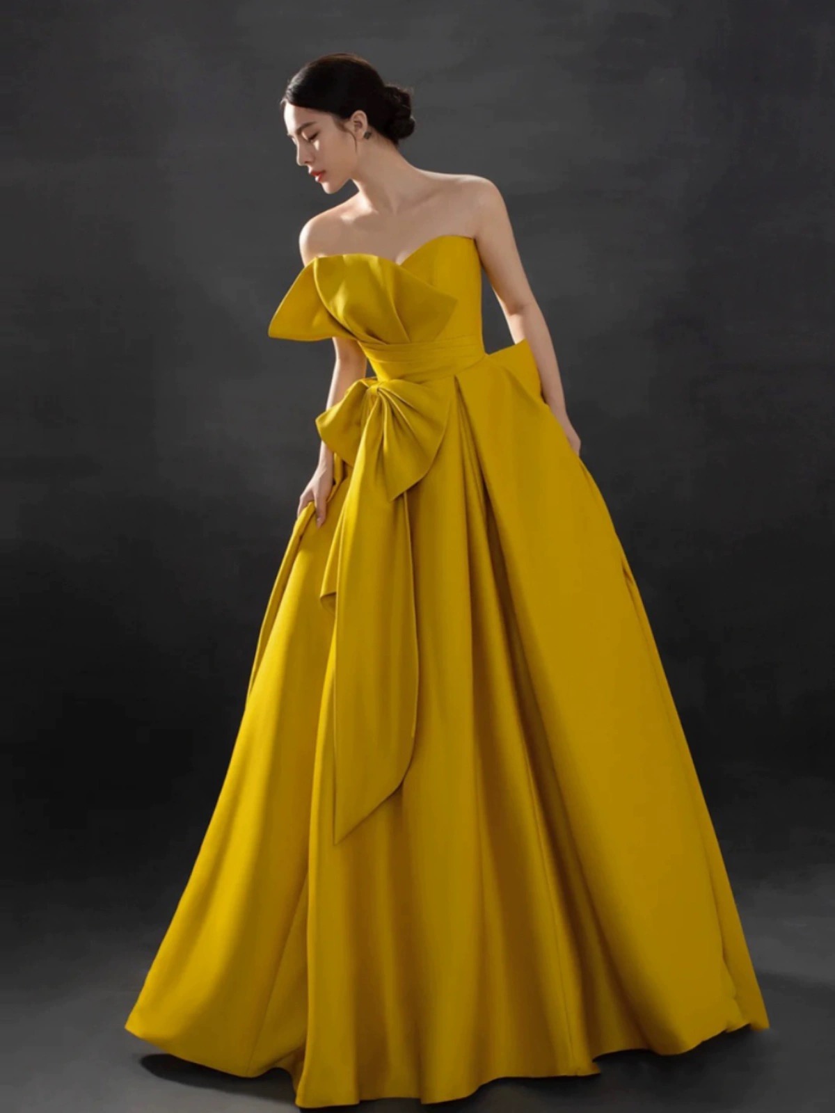 Simple Strapless Yellow Prom Dress, Bow Elegant Evening Dress, Satin Formal Dress