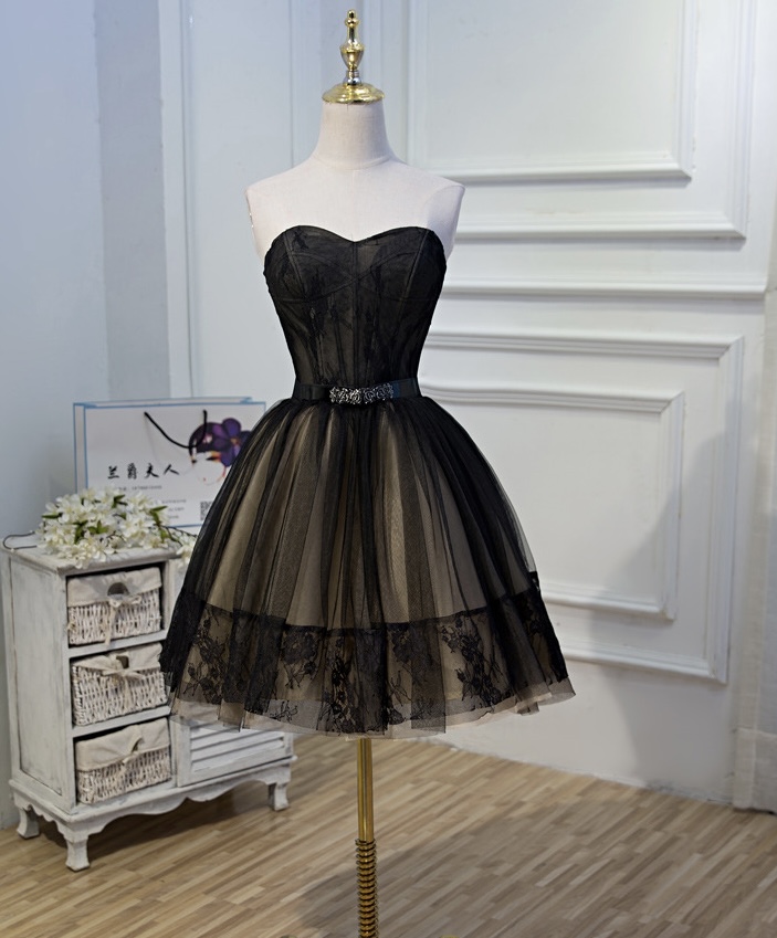Black Tulle And Champagne Short Party Dress Strapless Evening Dress Cute Formal Dress With Belt