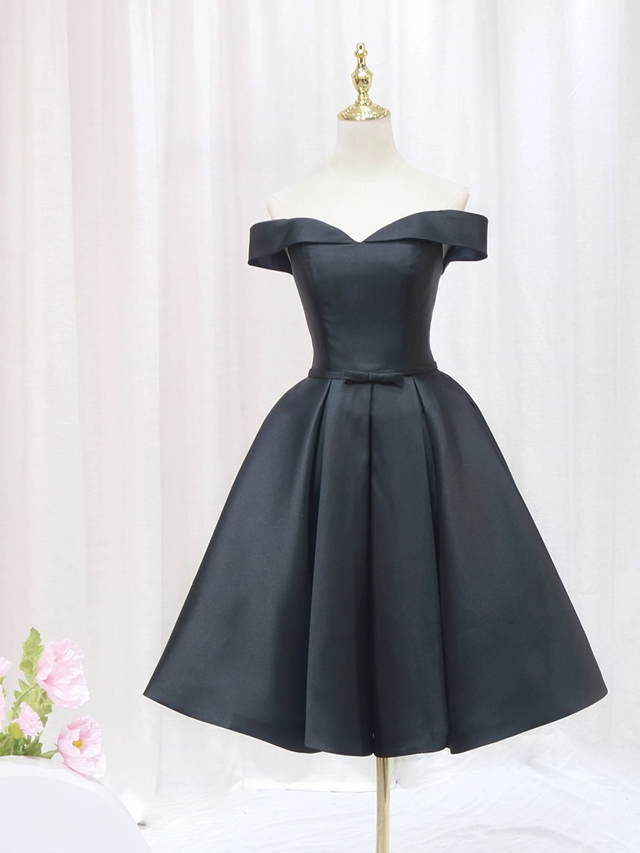Cute Satin A-line Short Homecoming Dress , Off Shoulder Lace-up Formal Dress,little Black Dress