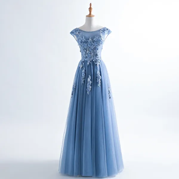 Cap Sleeve Lace-Up Formal Dress,Blue Wedding Guest Dress Elegant Prom Dress