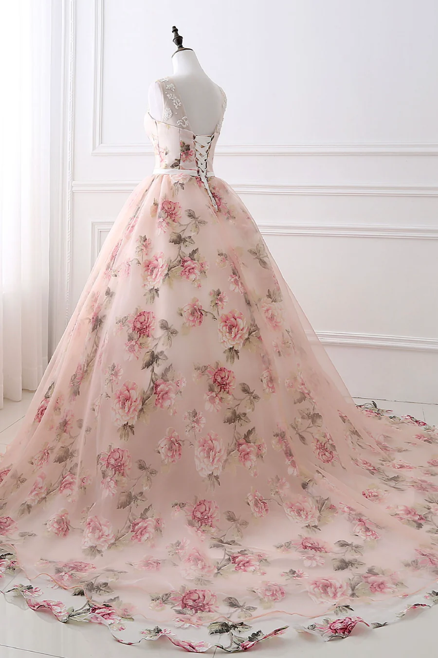 Flower Printed Silk Shantung Corseted Ball Gown