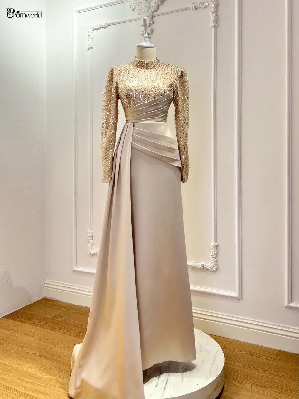 white christmas dresses Plunging V-Neck Champagne Prom Dress with Long Sleeve – FancyVestido main image 1
