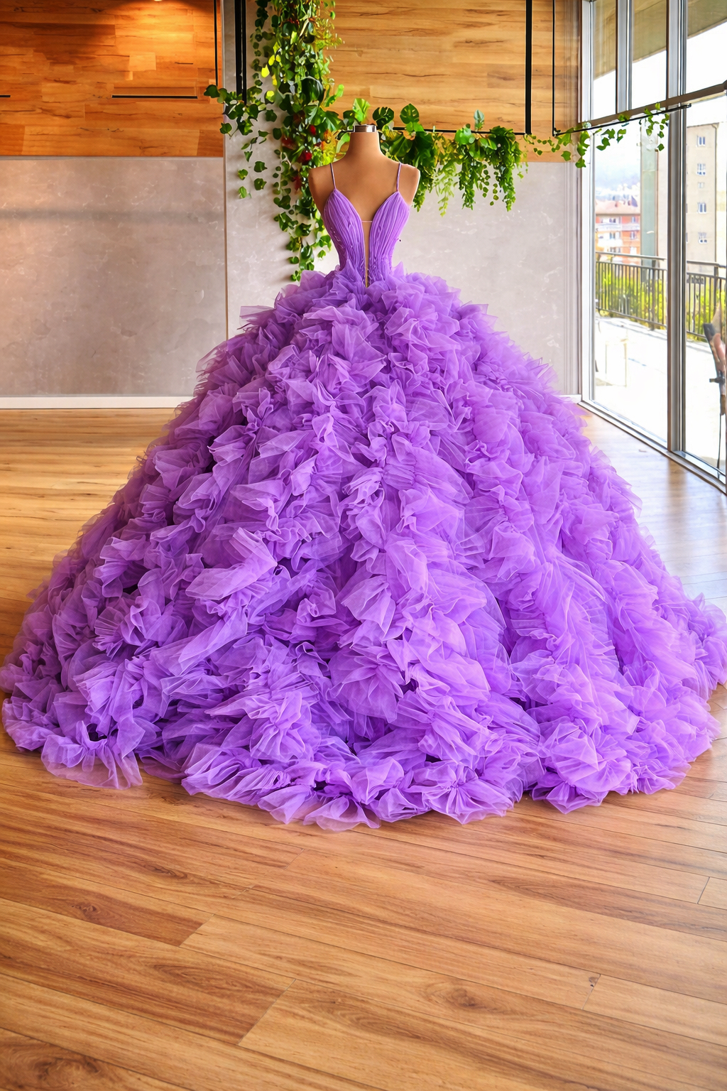 Lavender Purple Ruffled Tulle Ball Gown with Deep V Bodice