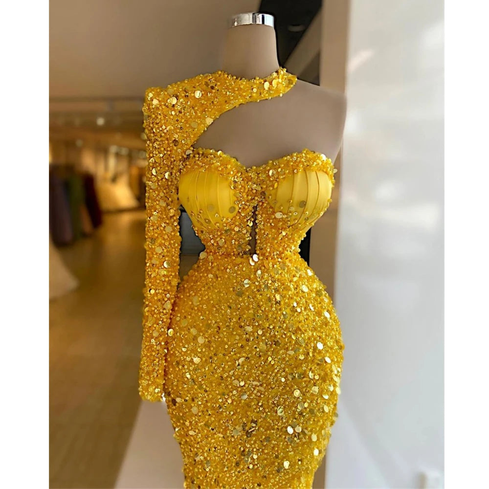 Yellow Draped One - Shoulder Evening Gown asymmetrical pleated maxi dress in Yellow Evening Dress main image 0