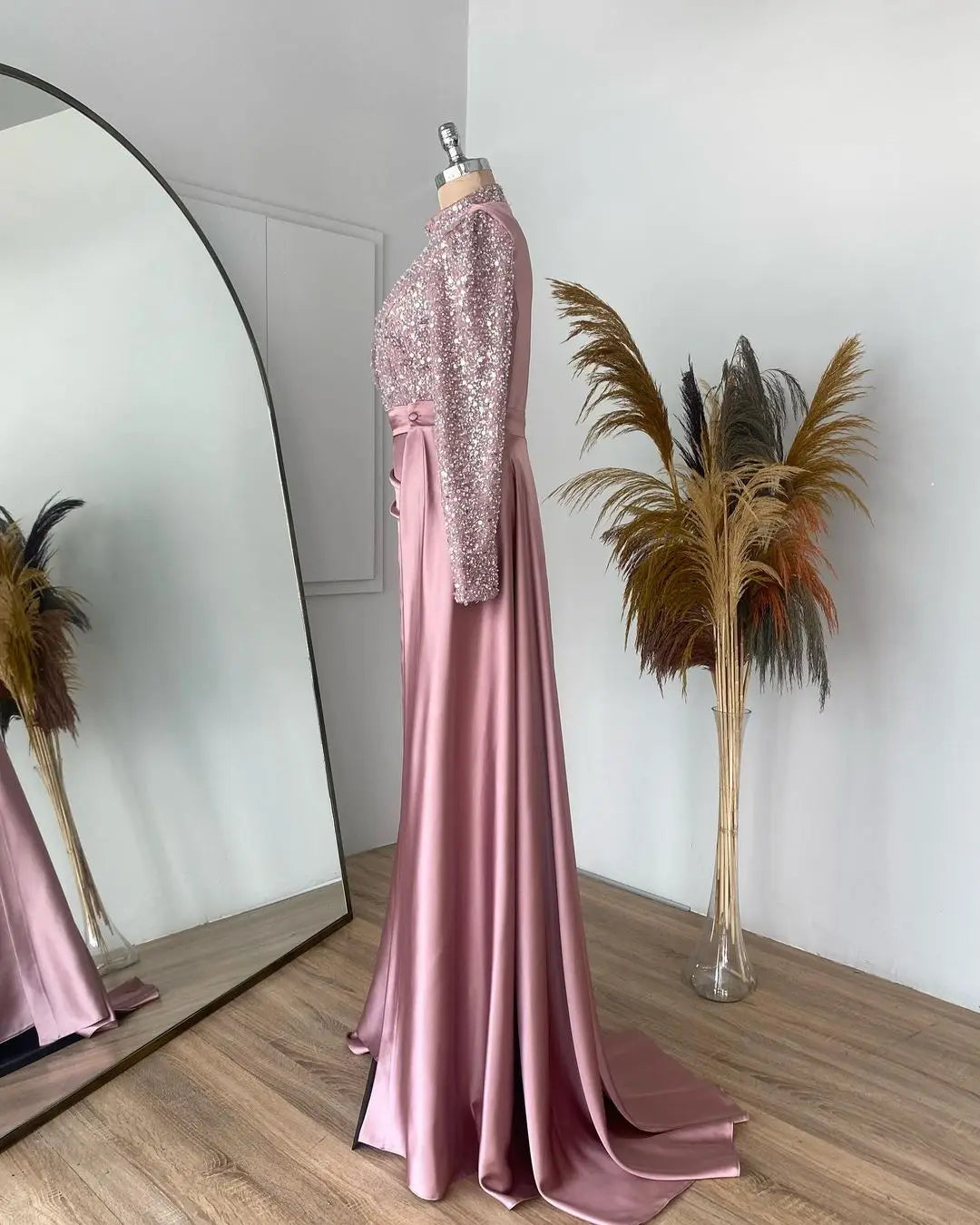 Pink Retro Fashion Elegant Long satin Ruffled Ball Gown Evening Dress gh3221 main image 1