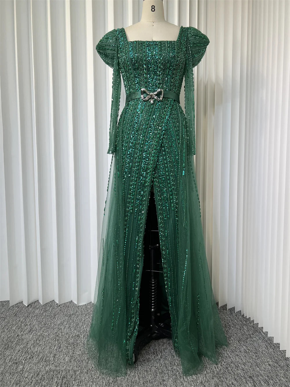 Emerald Green Sequined Long Evening Gown Dress
