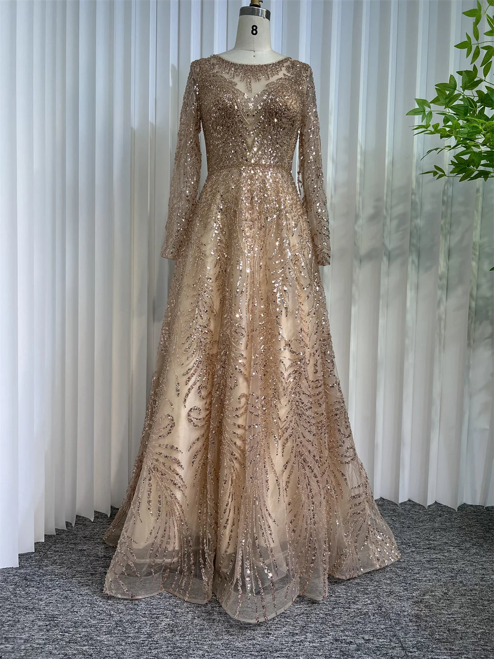 Elegant Long-sleeve Sequin Evening Gown Dress