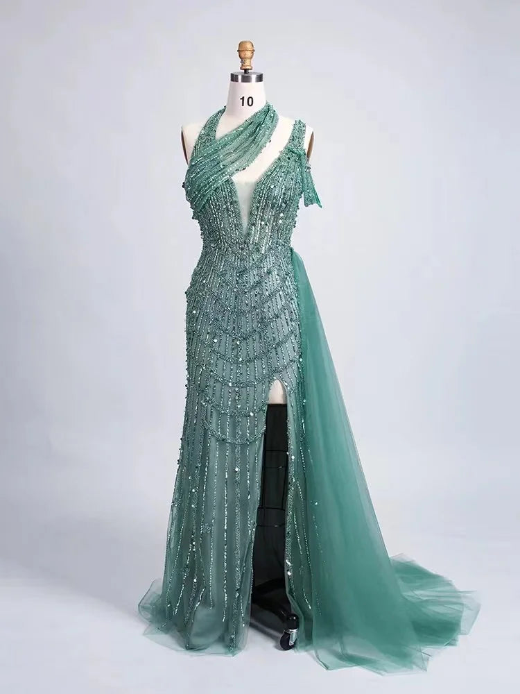 Elegant Green Beaded Evening Gown With Train on Luulla