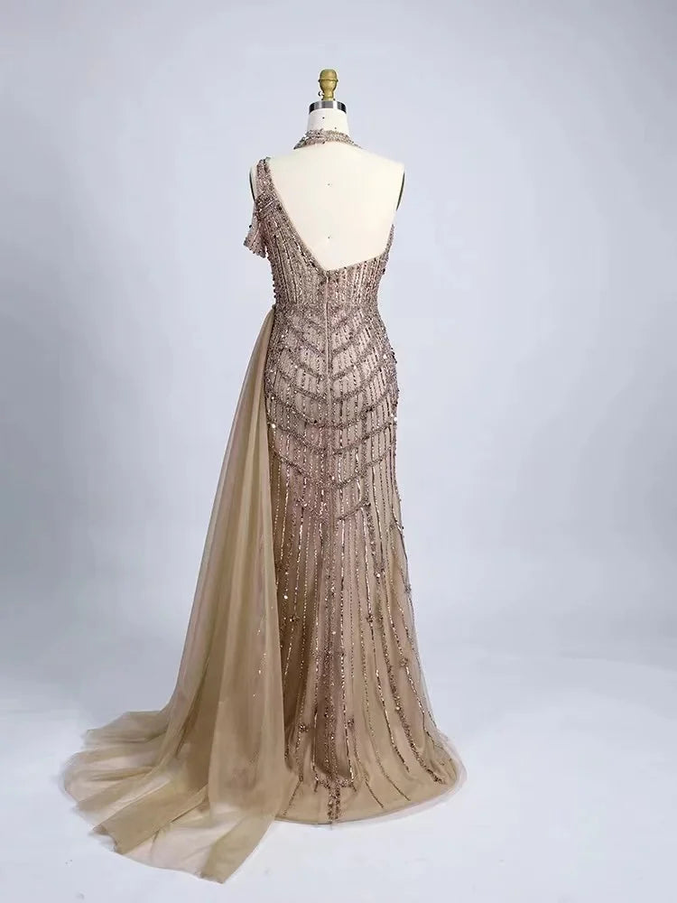 Elegant Green Beaded Evening Gown With Train on Luulla