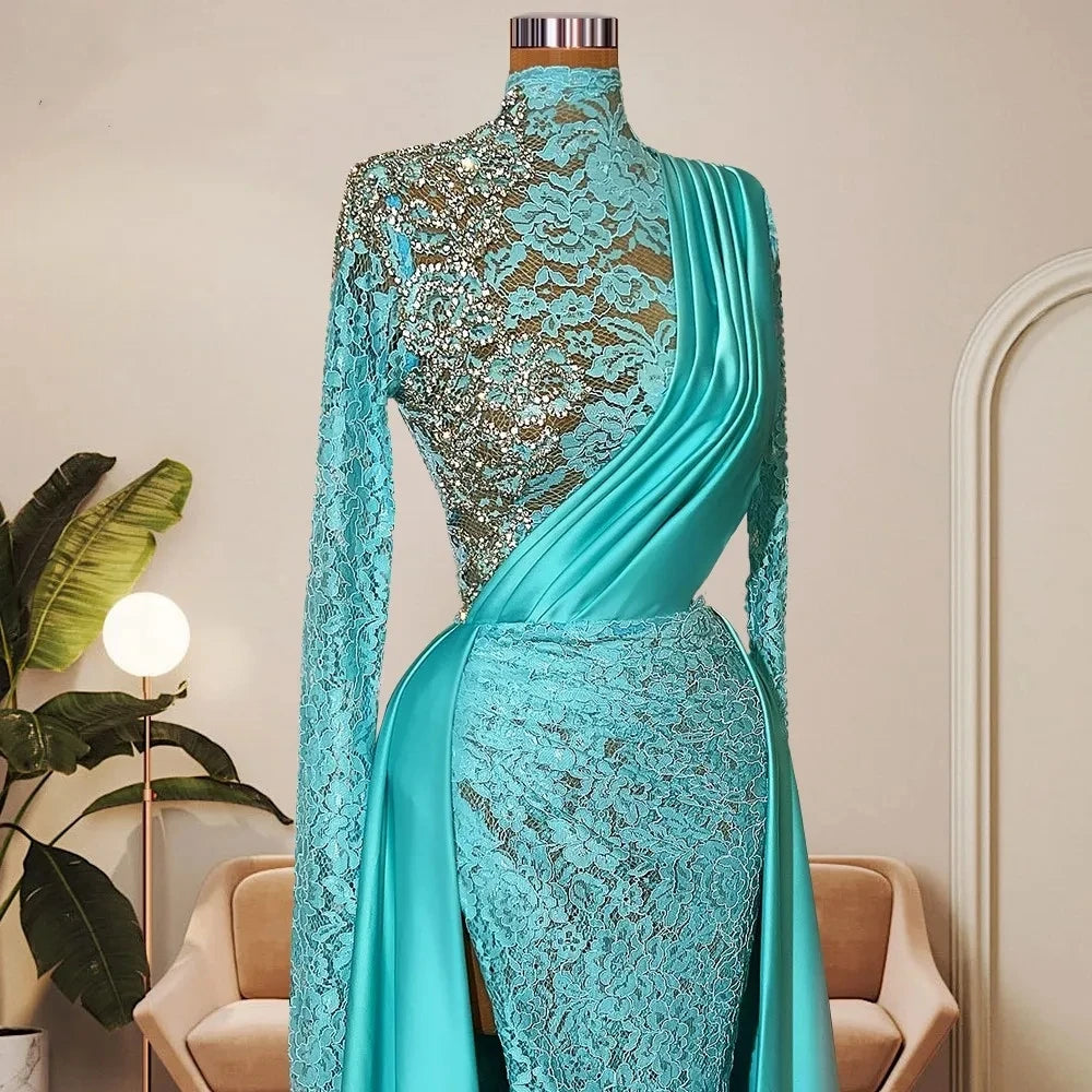 Elegant Teal Lace Long-sleeve Evening Gown on Luulla