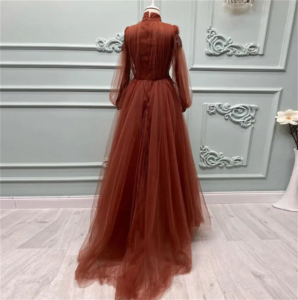 Elegant Long Sleeve Ruffle Tulle Evening Gown