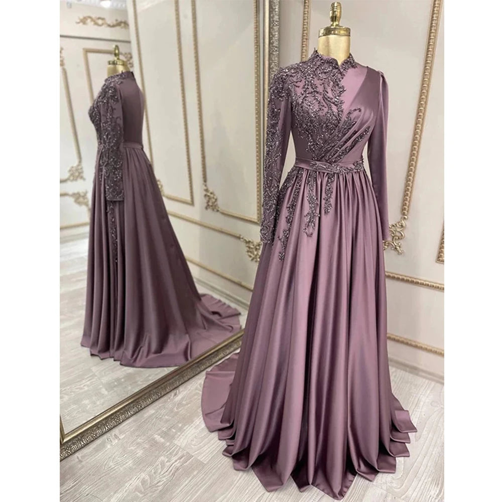 Luxury Beaded Evening Dresses with Elegant Puff Sleeves Pearl Beaded Adorned Design LA72903