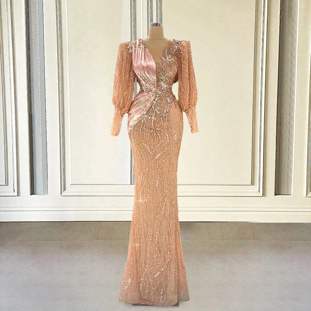 Elegant Long Sleeve Sequin Evening Dress Gown