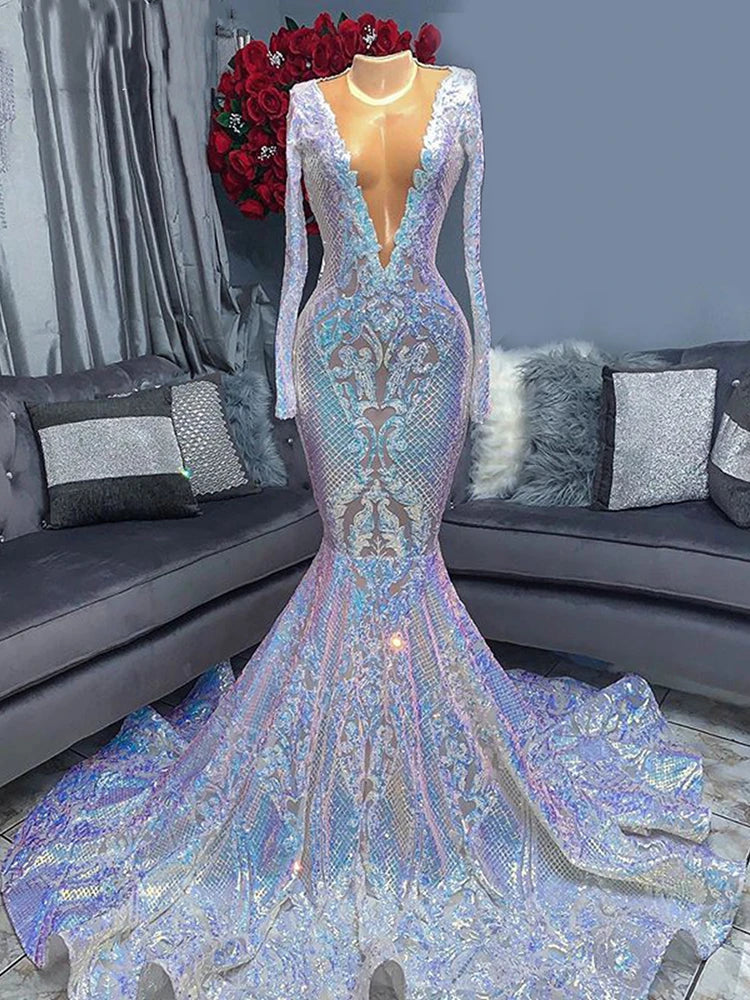 chinese dress ladies White Iridescent Sequin Plunge Neck Mermaid Long Prom Dress – Modsele main image 0