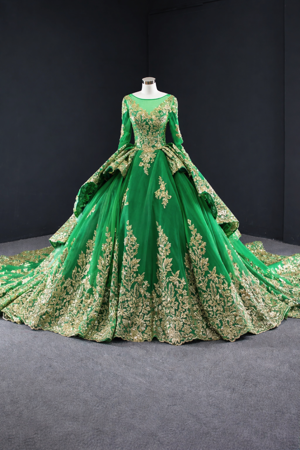 Emerald Green Gold Embroidered Long Sleeve Ball Gown Dress on Luulla