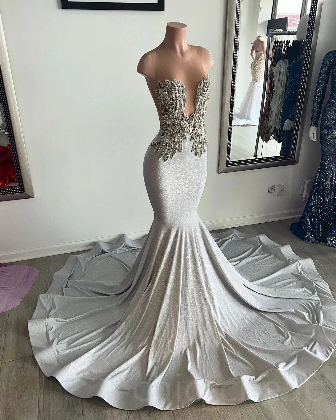 Elegant Silver Mermaid Dress With Appliques on Luulla