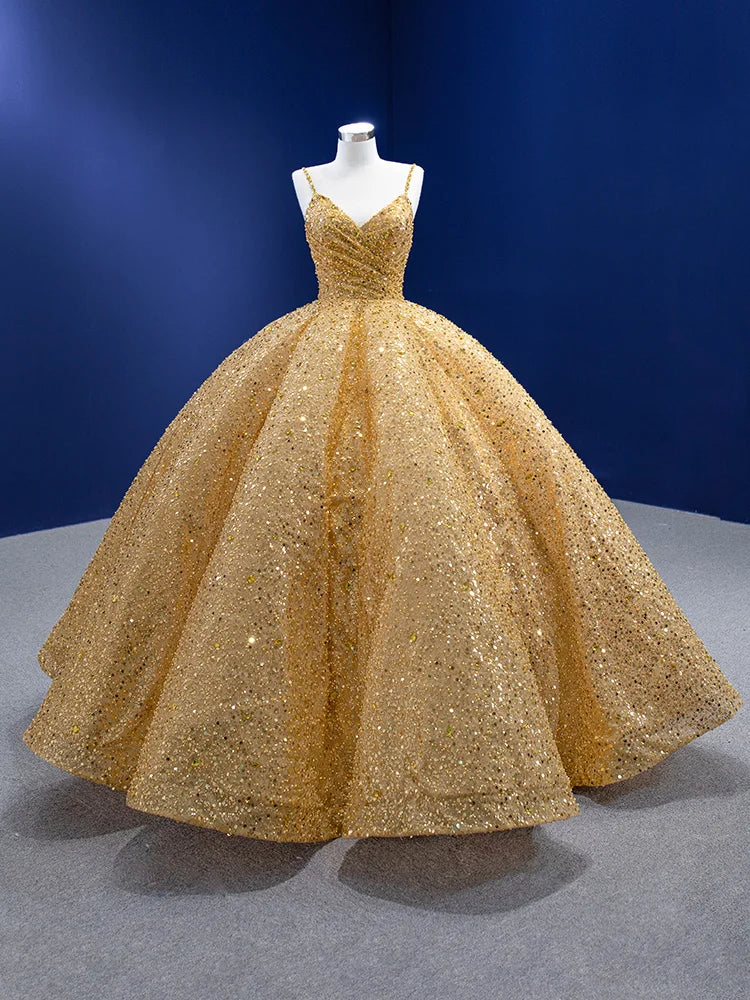 gold sequin ball dress Lucci Lu 1319 Size 4 Gold Fitted Sequin Sheer Corset Formal Dress Maxi Slit Prom Gown main image 1