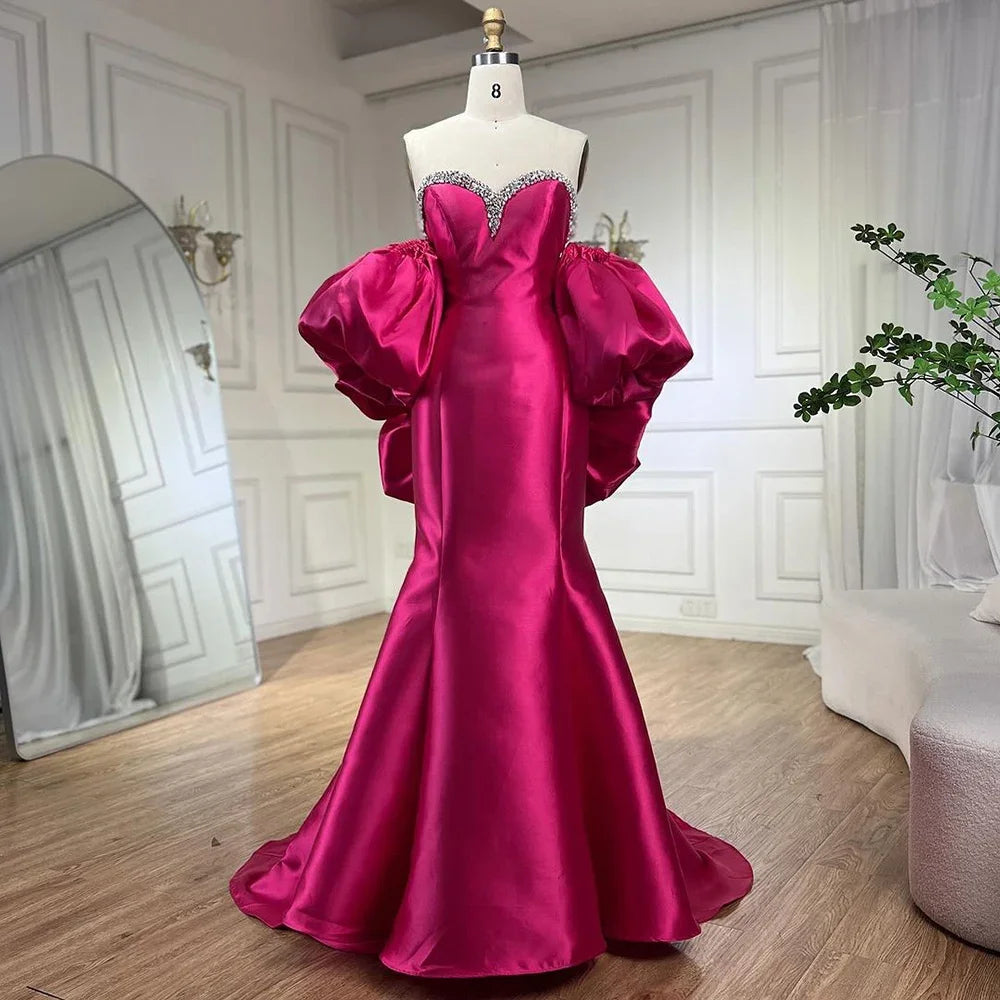 Elegant Fuchsia Satin Gown With Puff Sleeves