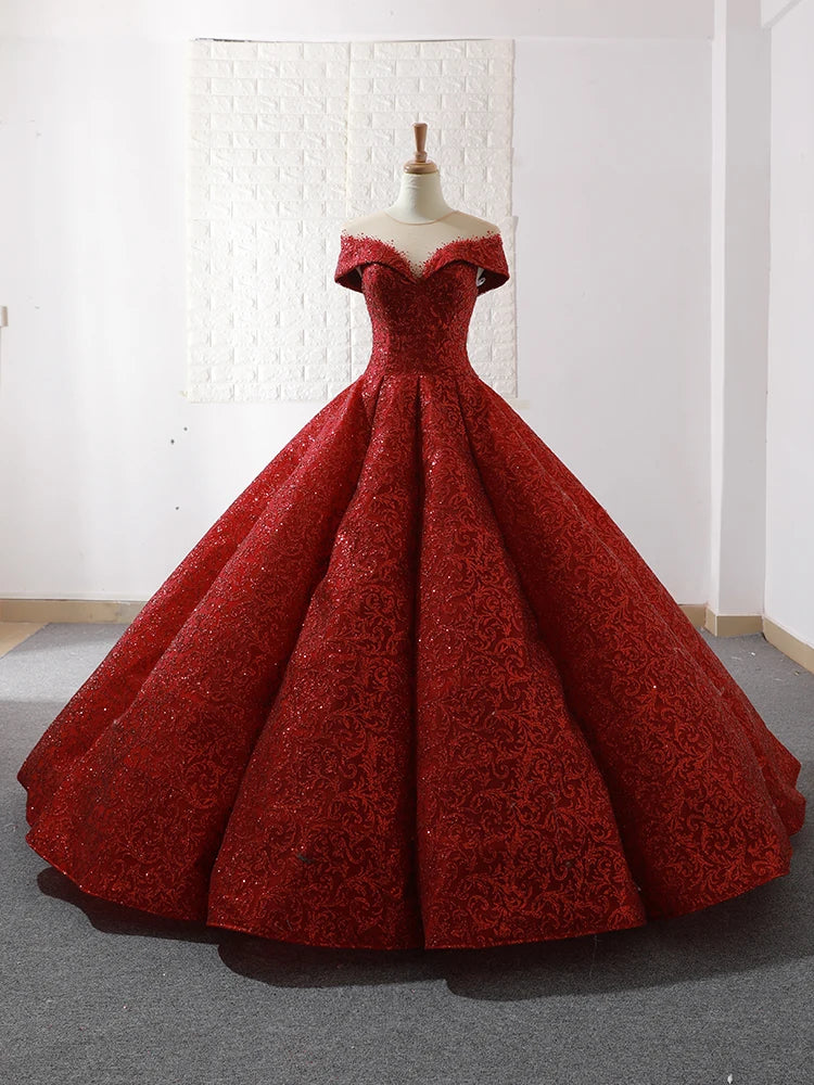 Red A-Line V-Neck Sequin Long Ball Dress with Slit main image 1