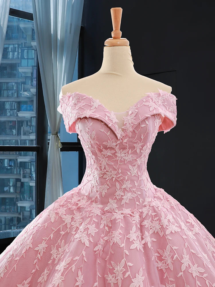 Off-the-Shoulder Ball Gown with Beaded Bustier and High Slit Blushing Pink
